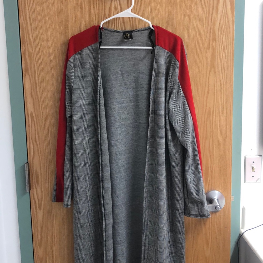 Grey and Red Calf Length Cardigan